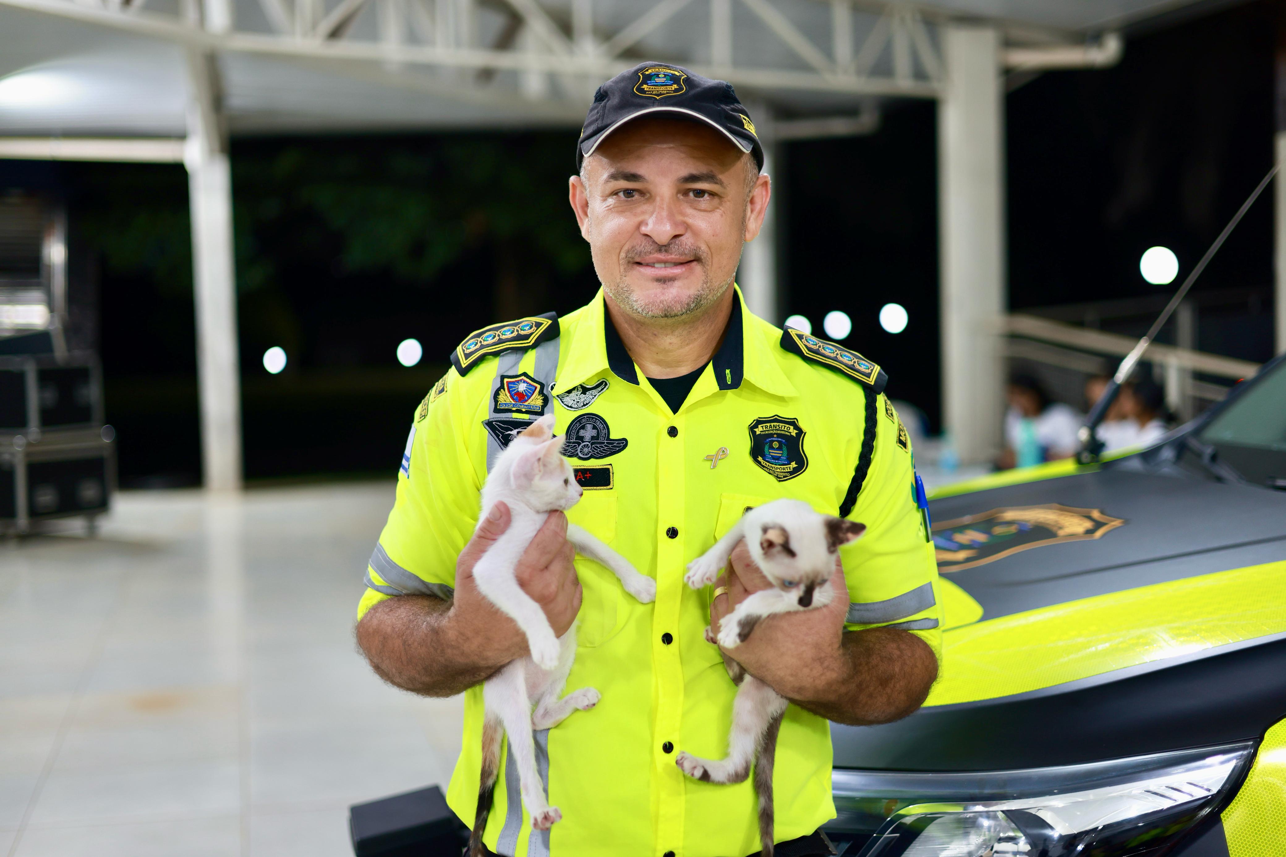 O secretário de Mobilidade Urbana, Francisco Seixas Tadeu de Lima, segura dois dos três filhotes de gato adotados durante o lançamento da campanha Maio Amarelo