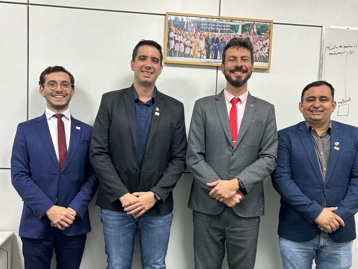 Em reunião em Brasília (DF), o secretário-executivo da Representação de Palmas, Rafael Drumond (à esq), o titular da Sedeem, Henrique Nesello, o diretor Tiago Motta e secretário-executivo da Sedeem, Fredson Rocha (à dir) trataram de estratégias para implantação do Sine Municipal