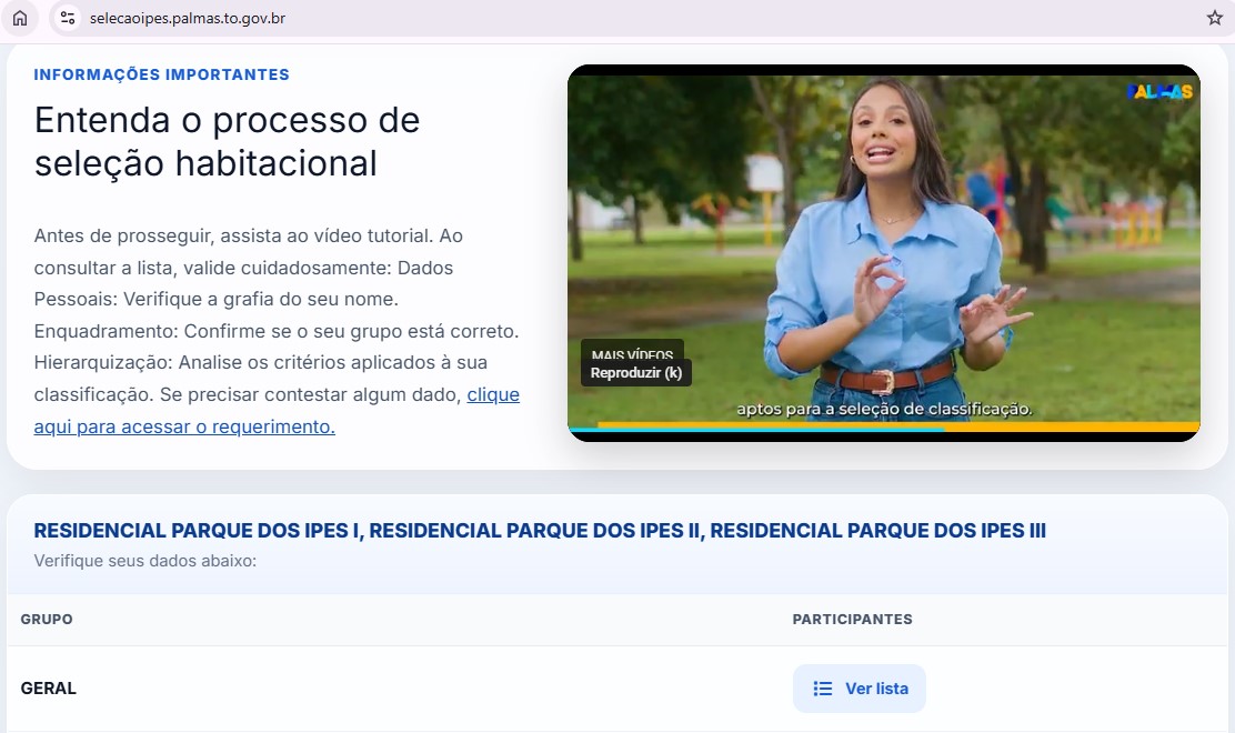 Prefeitura de Palmas lança site para consulta de informações e lista do processo de seleção do Residencial Parque dos Ipês