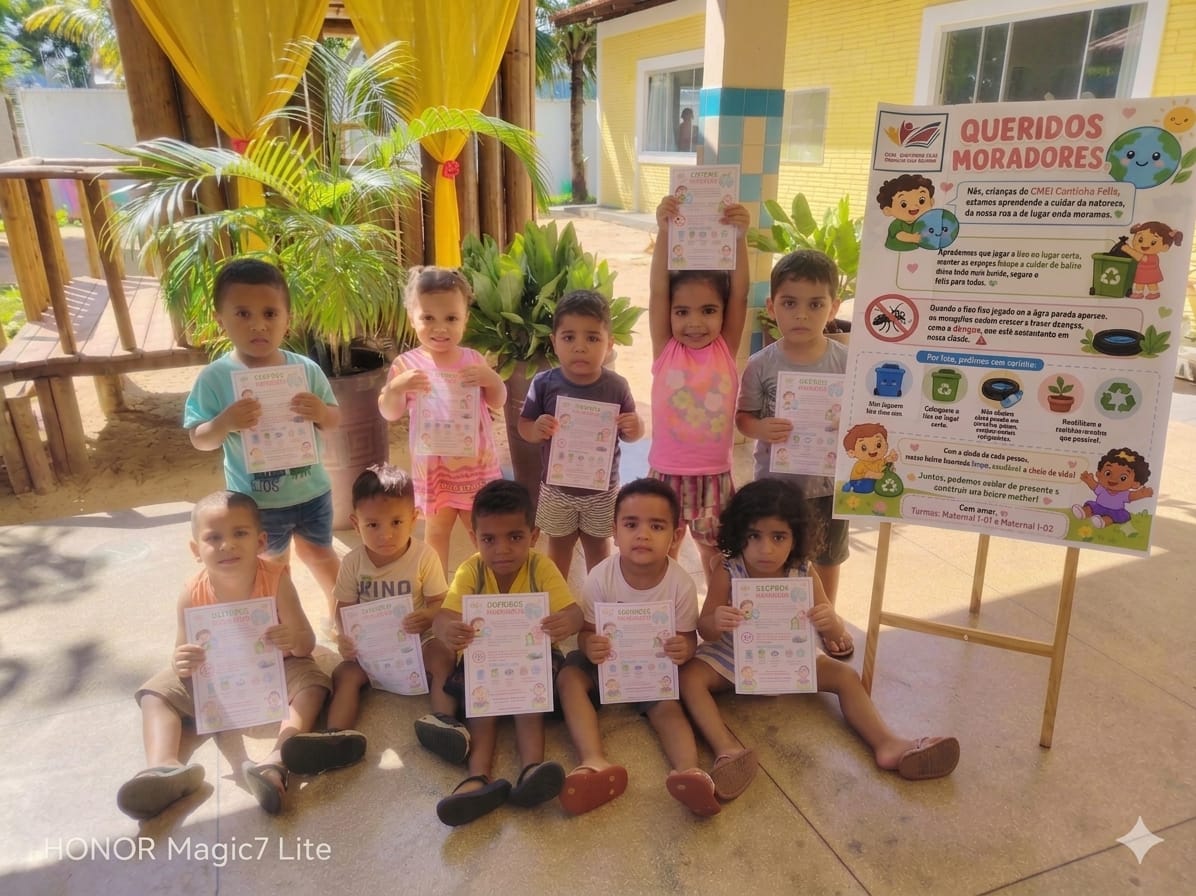 Crianças do Cmei Cantinho Feliz realizam panfletagem educativa em Taquaruçu nesta quarta-feira, 6