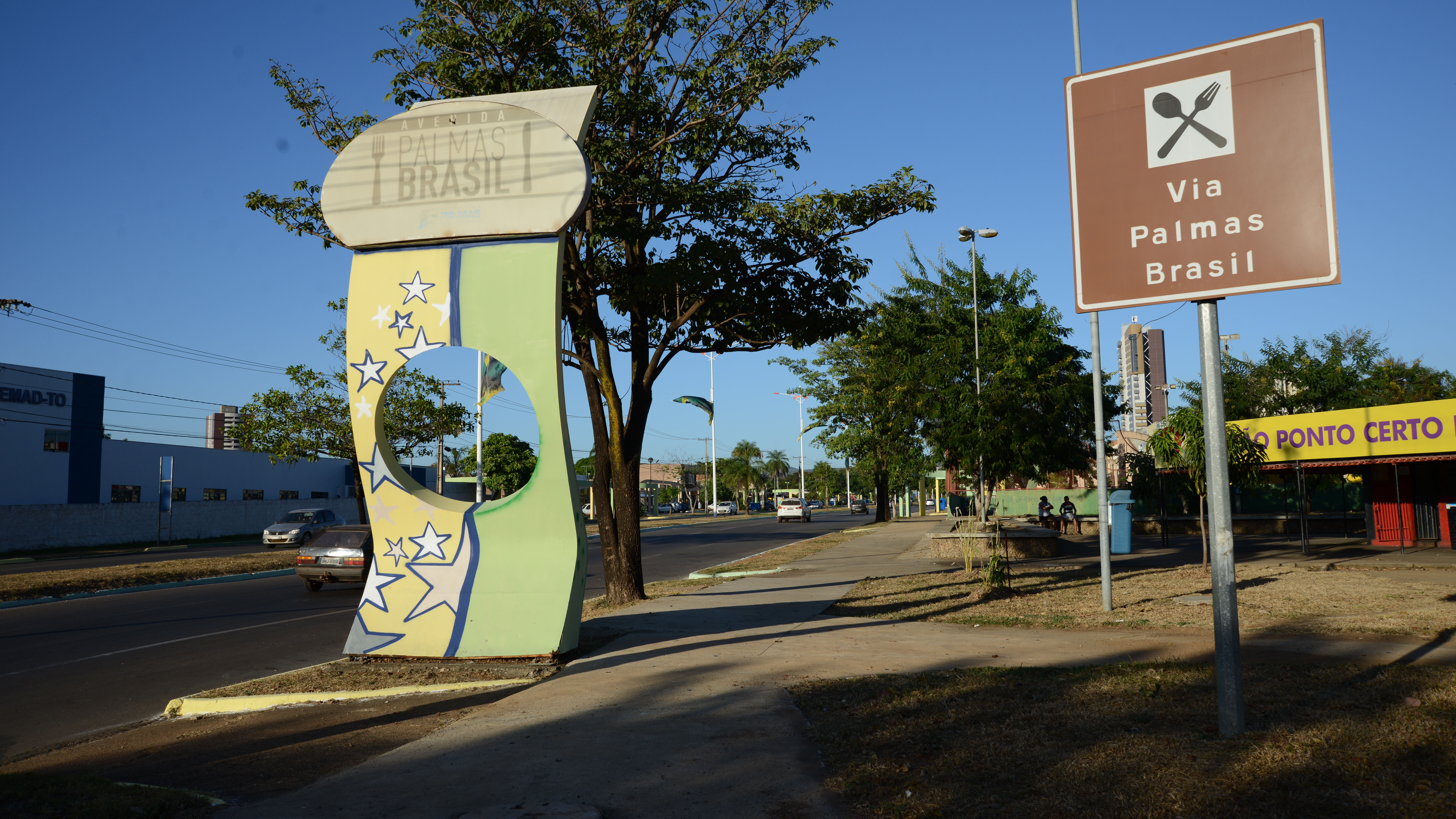 Avenida Palmas Brasil recebe luzes e pintura verde-amarela durante a Copa do Mundo da Rússia